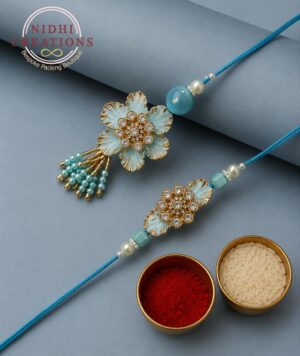 Ice Blue Blossom Pair Rakhi Set