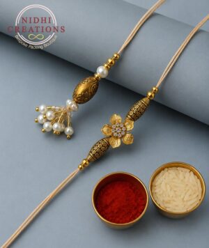 Antique Gold Blossom Pair Rakhi Set
