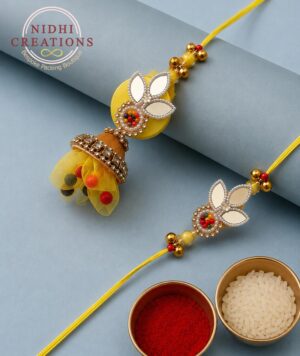 Yellow Mirror Lotus Pair Rakhi Set