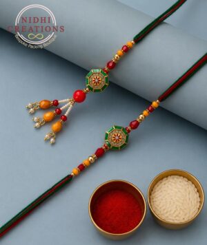 Green Marigold Charm Pair Rakhi Set