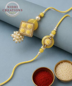 Yellow Square Rose Pair Rakhi Set