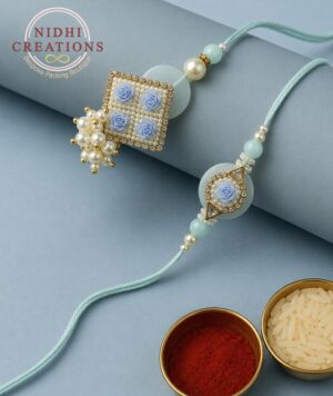 Blue Square Rose Pair Rakhi Set