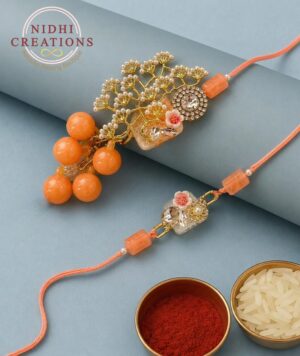 Orange Crystal Elegant Pair Rakhi Set
